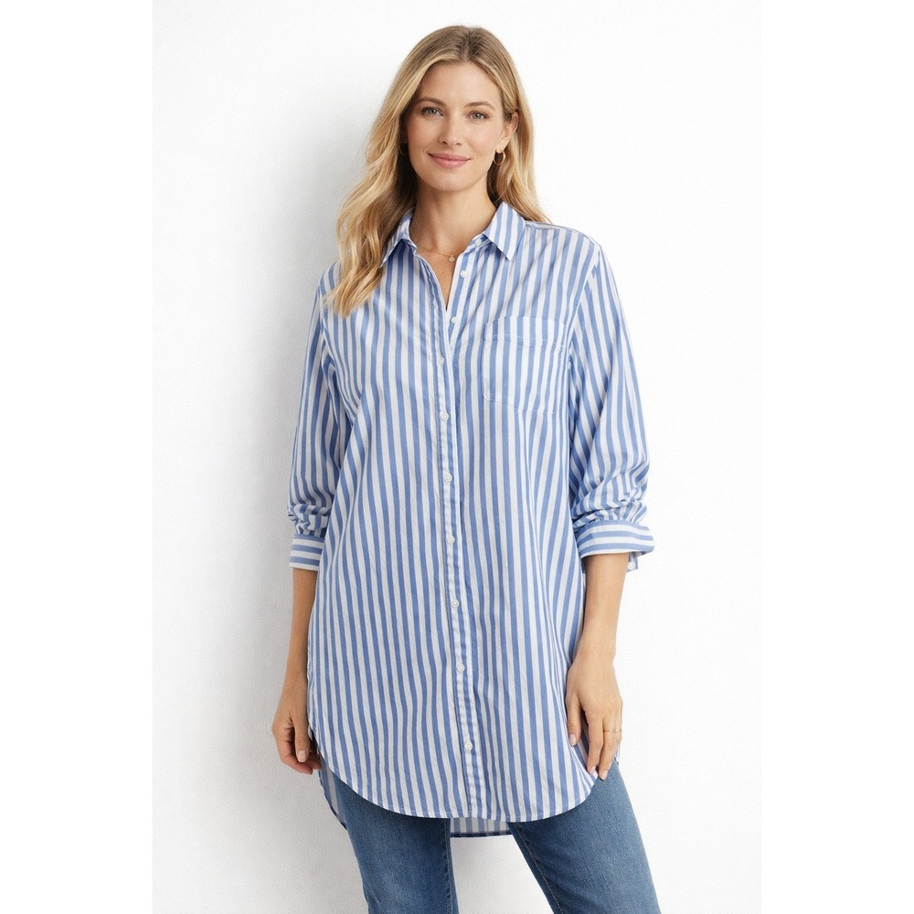 Lands'‎ End Blue White Stripe Popover Blouse Size L 14–16 Cotton Top Relaxed